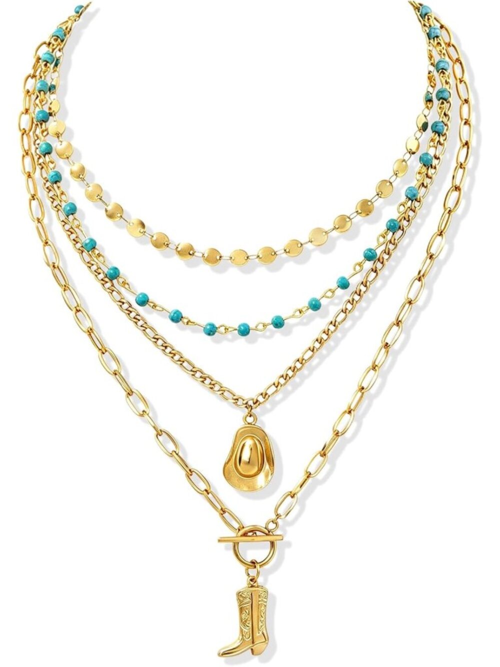 4 Pcs Turquoise Beaded Layered Necklaces for Women - Western Choker Set